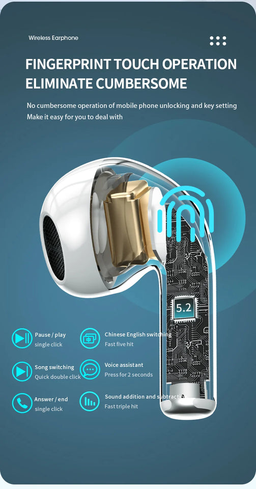 Wireless Bluetooth Earphones HIFI Stereo Waterproof Sports Headphones TWS Mic HD Call Headset LED Display Music Gaming Earbuds