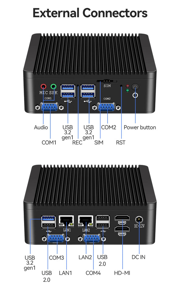 XCY Fanless Mini PC Intel Celeron J4125 DDR4 M.2 SSD RS232/485 2x LAN GPIO mPCIE 4G LTE 8x USB LVDS HDMI TPM 2.0 Windows 11