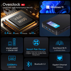 MeLE Slim Mini PC N100 16GB 32GB 512GB Windows 11 Industrial Computer WiFi5 Dual HDMI Type Display USB-C Overclock4C