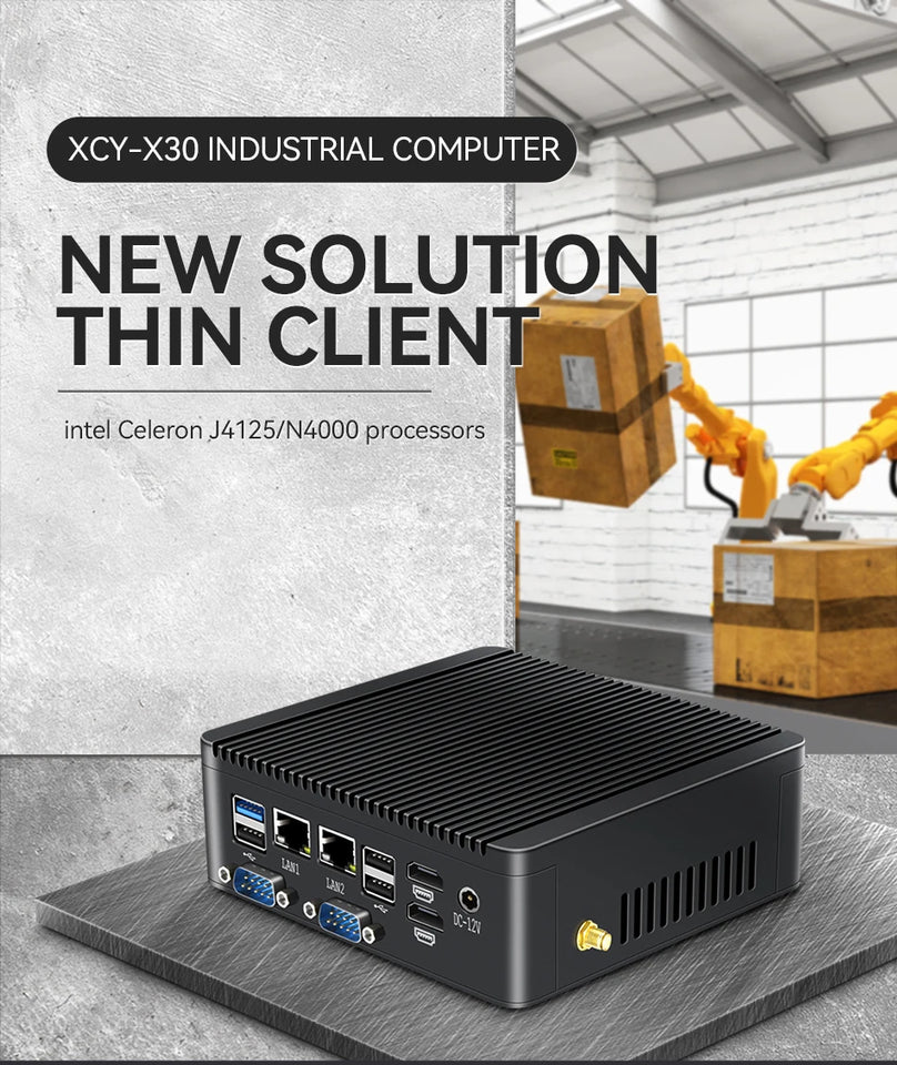 XCY Fanless Mini PC Intel Celeron J4125 DDR4 M.2 SSD RS232/485 2x LAN GPIO mPCIE 4G LTE 8x USB LVDS HDMI TPM 2.0 Windows 11