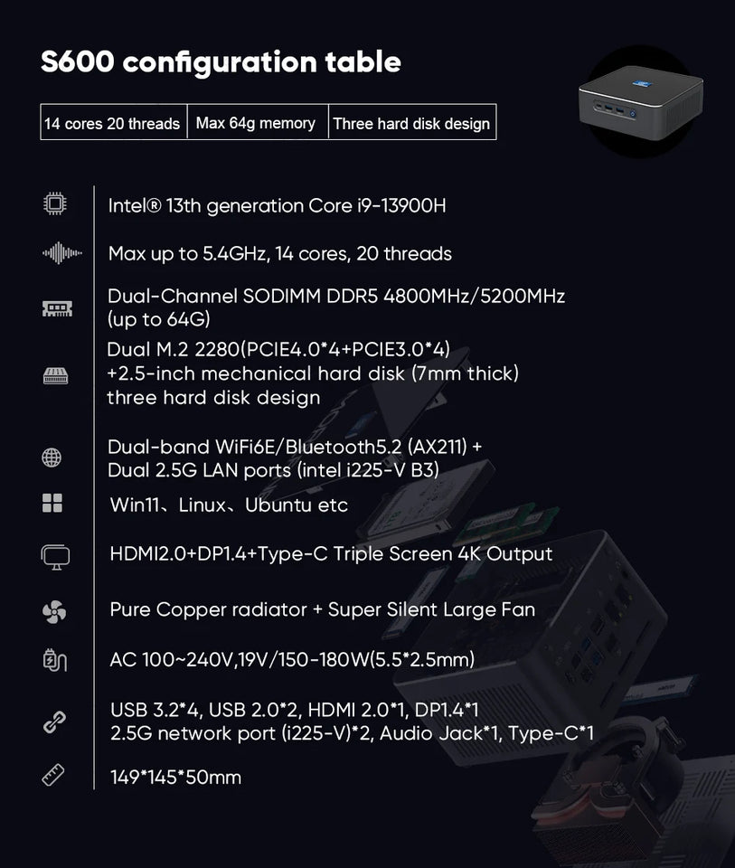 i9 13900H i7 13800H 13th Gen Intel Gaming Mini PC 2*DDR5 2*PCIe 2*2.5G LAN Firewall PC Windows 11 Office Mini Computer WiFi6E